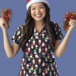 Womens Christmas V-Neck Short Sleeve Scrub Top Midnight Navy/Gnomes Print