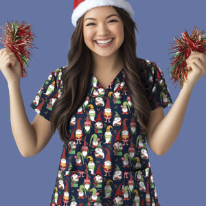 Womens Christmas V-Neck Short Sleeve Scrub Top Midnight Navy/Gnomes Print
