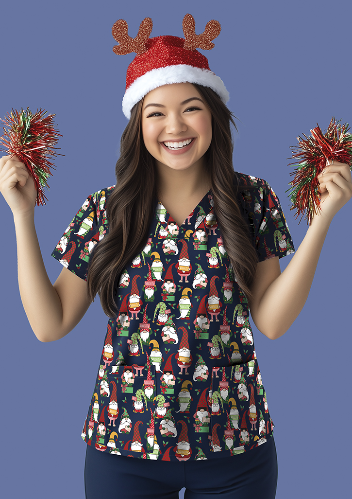 Womens Christmas V-Neck Short Sleeve Scrub Top Midnight Navy/Gnomes Print Womens Christmas V-Neck Short Sleeve Scrub Top Midnight Navy/Gnomes Print