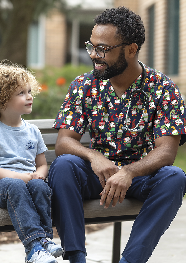 Unisex Christmas V-Neck Short Sleeve Scrub Top Midnight Navy/Gnomes Print Unisex Christmas V-Neck Short Sleeve Scrub Top Midnight Navy/Gnomes Print