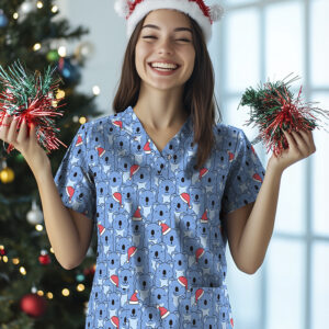 Womens Christmas V-Neck Short Sleeve Scrub Top Midnight Navy/Gnomes Print