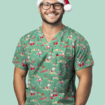 Unisex Christmas V-Neck Short Sleeve Scrub Top Midnight Navy/Gnomes Print