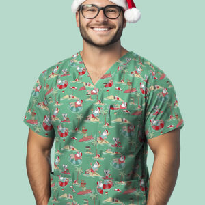 Unisex Christmas V-Neck Short Sleeve Scrub Top Midnight Navy/Gnomes Print