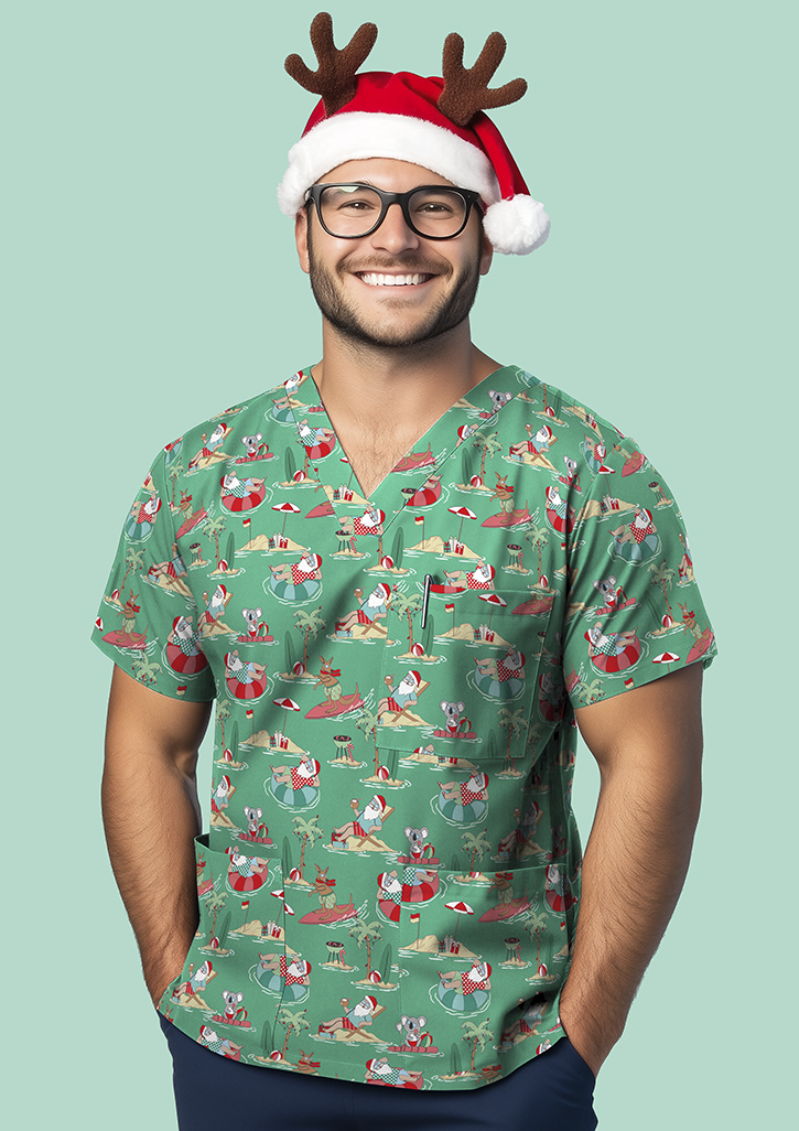 Unisex Christmas V-Neck Short Sleeve Scrub Top Midnight Navy/Gnomes Print Unisex Christmas V-Neck Short Sleeve Scrub Top Midnight Navy/Gnomes Print