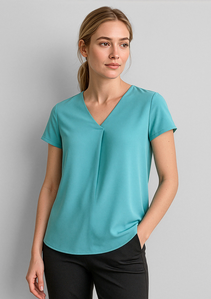 Womens Kayla V-Neck Pleat Blouse Aqua Womens Kayla V-Neck Pleat Blouse Aqua