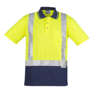 Mens Hi Vis Spliced Short Sleeve Polo - Shoulder Taped Yellow/Navy