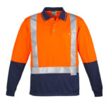 Mens Hi Vis Spliced Long Sleeve Polo - Shoulder Taped Orange/Navy