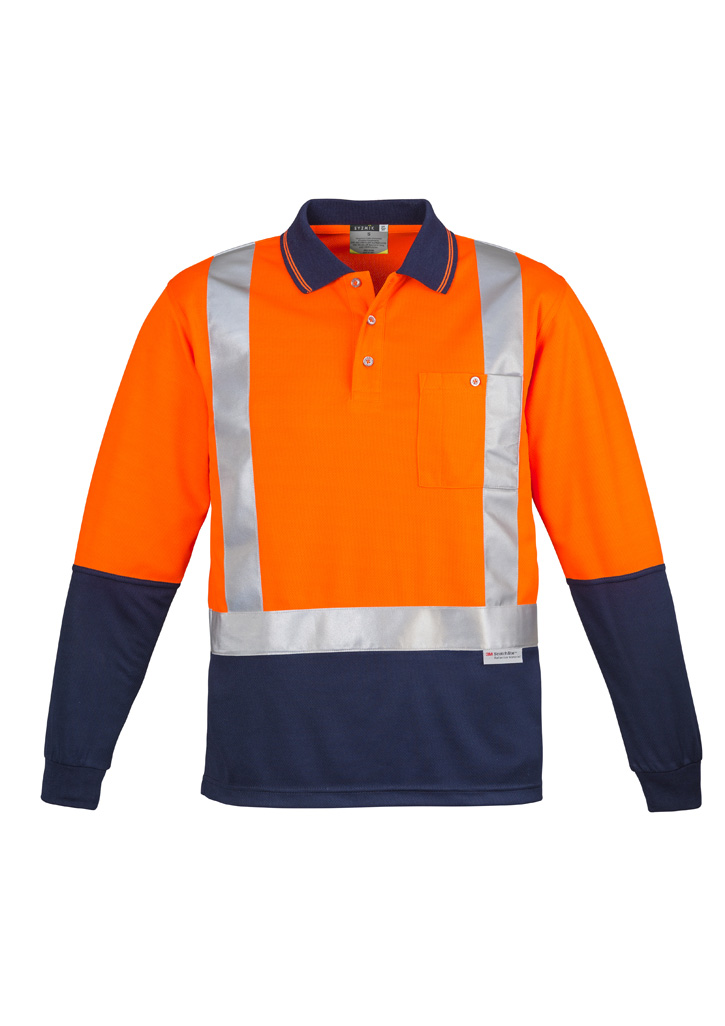 Mens Hi Vis Spliced Long Sleeve Polo - Shoulder Taped Orange/Navy Mens Hi Vis Spliced Long Sleeve Polo - Shoulder Taped Orange/Navy