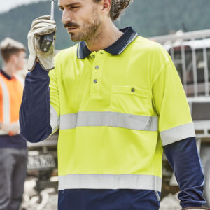 Mens Hi Vis Spliced Long Sleeve Polo - Hoop Taped Yellow/Navy