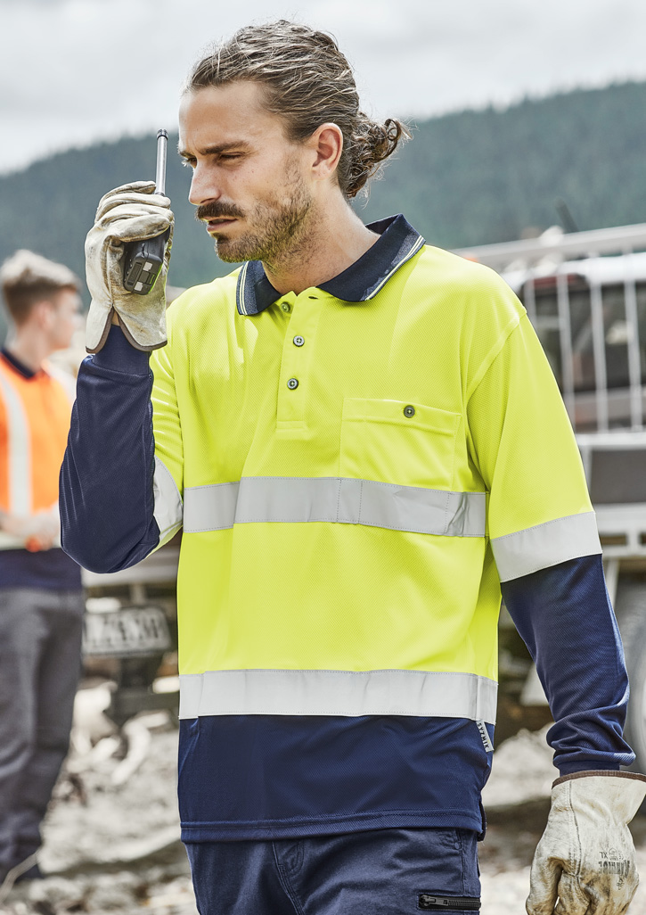 Mens Hi Vis Spliced Long Sleeve Polo - Hoop Taped Yellow/Navy Mens Hi Vis Spliced Long Sleeve Polo - Hoop Taped Yellow/Navy