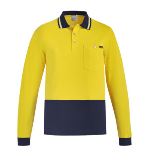 Mens Hi Vis Cotton Long Sleeve Polo Yellow/Navy