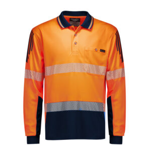 Mens Hi Vis Flux Segmented Tape Long Sleeve Polo Orange/Navy