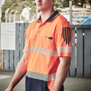Mens Hi Vis Flux Segmented Tape Short Sleeve Polo Orange/Navy