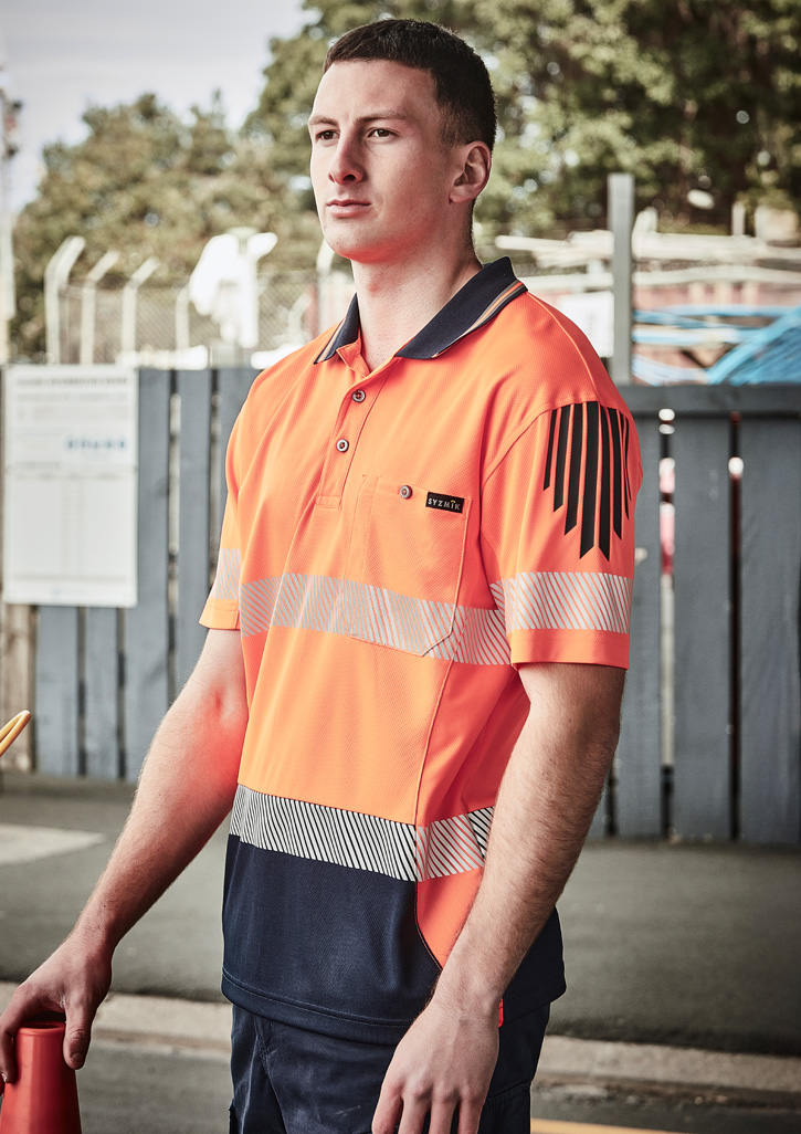 Mens Hi Vis Flux Segmented Tape Short Sleeve Polo Orange/Navy