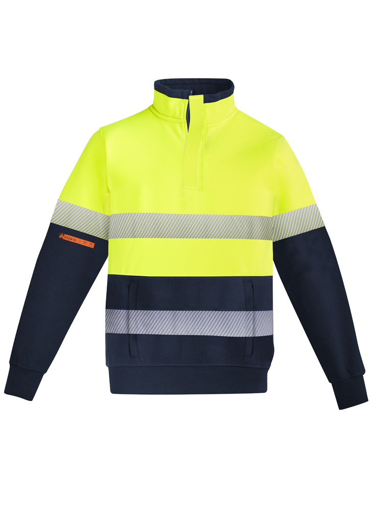 Mens Orange Flame Hi Vis 1/4 Zip Pullover - Hoop Taped Yellow/Navy Mens Orange Flame Hi Vis 1/4 Zip Pullover - Hoop Taped Yellow/Navy