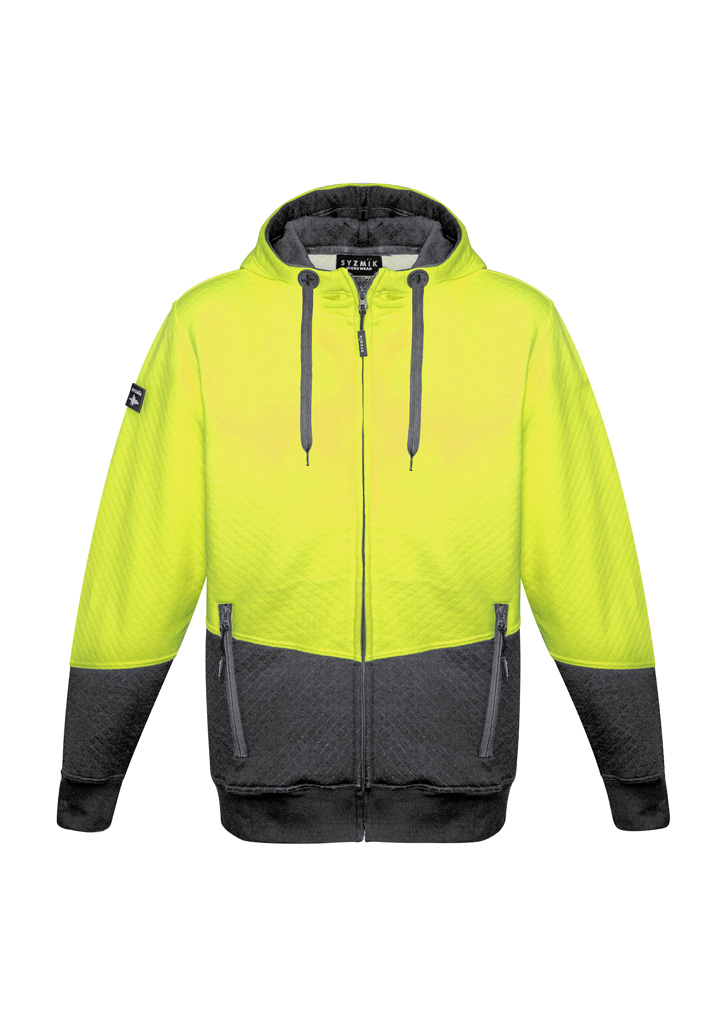 Unisex Hi Vis Textured Jacquard Full Zip Hoodie Yellow/Charcoal