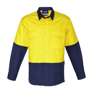Mens Rugged Cooling Hi Vis Long Sleeve Shirt Yellow/Navy