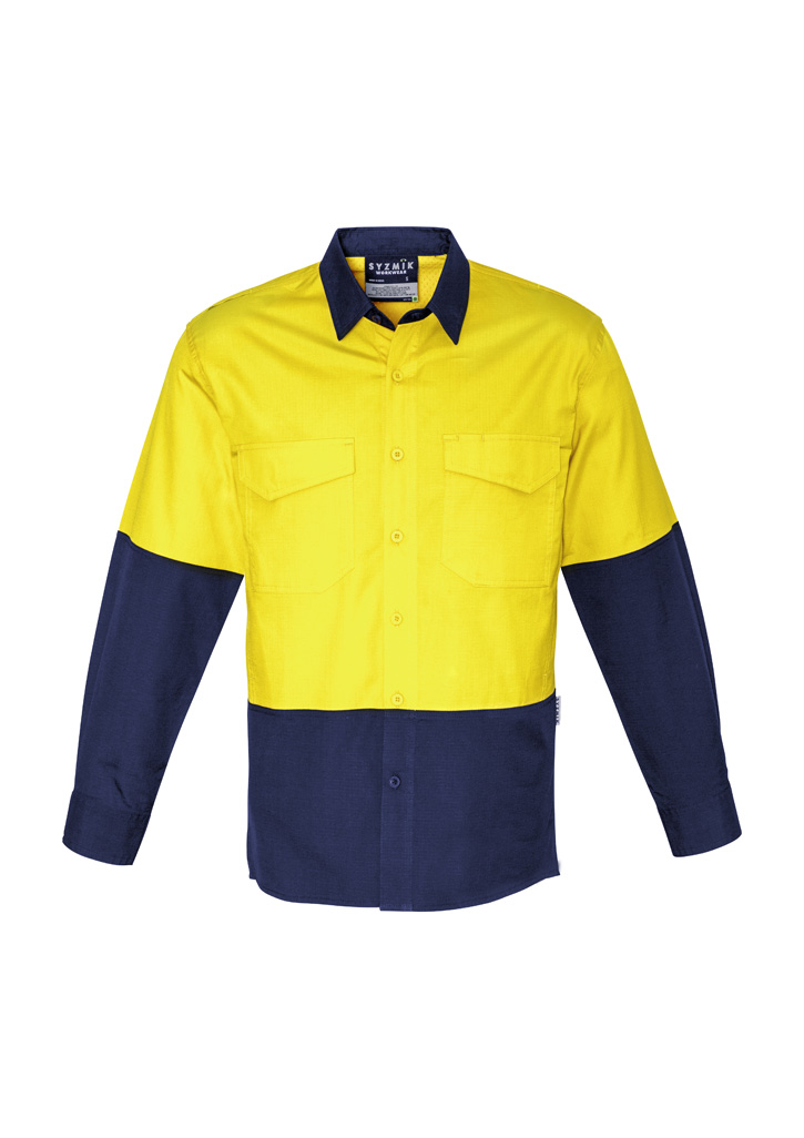 Mens Rugged Cooling Hi Vis Long Sleeve Shirt Yellow/Navy