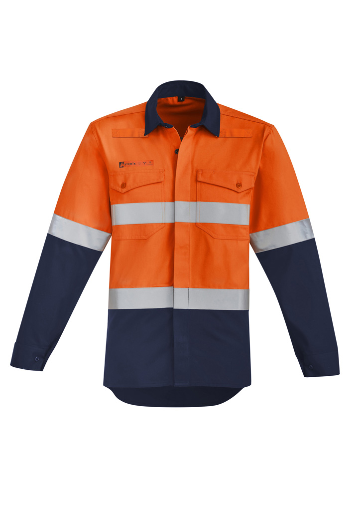 Mens Orange Flame Hi Vis Open Front Spliced Shirt - Hoop Taped Orange/Navy