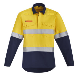 Mens Orange Flame Hi Vis Closed Front Shirt - Hoop Taped Yellow/Navy