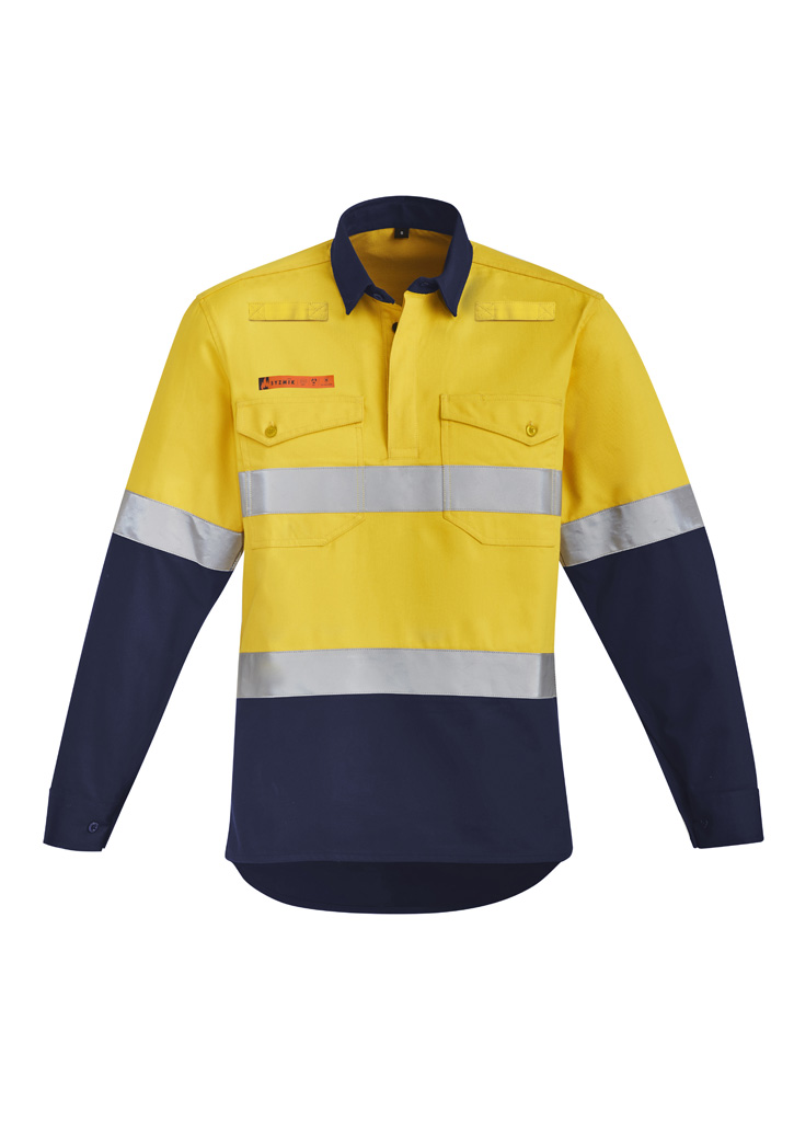 Mens Orange Flame Hi Vis Closed Front Shirt - Hoop Taped Yellow/Navy Mens Orange Flame Hi Vis Closed Front Shirt - Hoop Taped Yellow/Navy