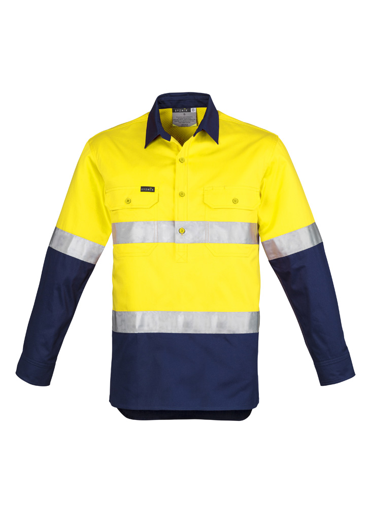 Mens Closed Front Long Sleeve Shirt - Hoop Taped Yellow/Navy Mens Closed Front Long Sleeve Shirt - Hoop Taped Yellow/Navy
