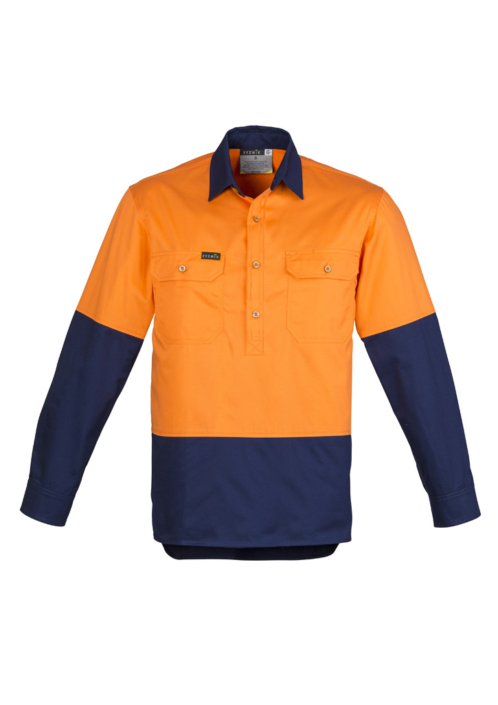 Mens Closed Front Long Sleeve Shirt Orange/Navy