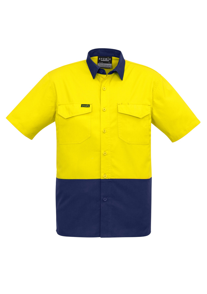 Mens Rugged Cooling Hi Vis Short Sleeve Shirt Yellow/Navy